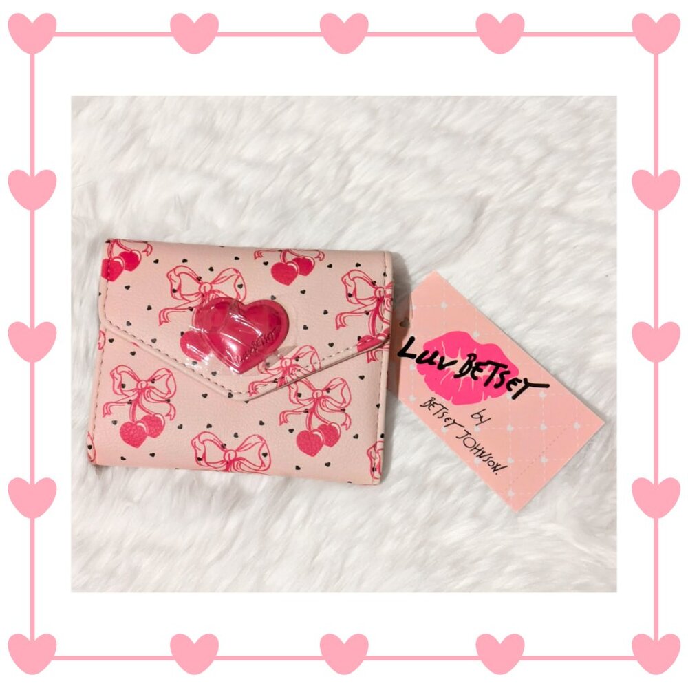 Betsey Johnson Pink Bow Coquette Heart Cherries Wallet NWT Kawaii Bifold